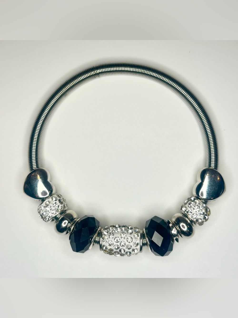 Y2K Charm Bracelet Stretch Snake Chain‎ Crystal Rhinestone Heart Silver Tone